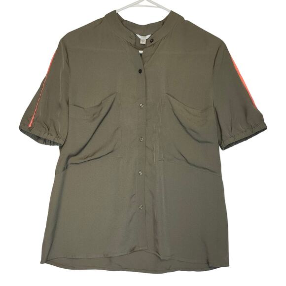 GUESS Los Angeles Olive Green Blouse Top Short Sleeve with Coral Trim, Size S - Picture 1 of 4